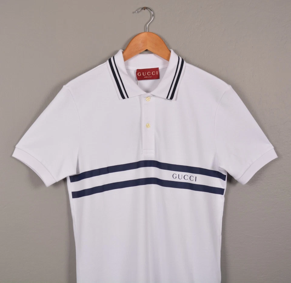 Polo Gucci Hombre Algodón Blanco XXL | Detalle Rayas Azul Marino | Hecho en Italia Foto 2 de 4