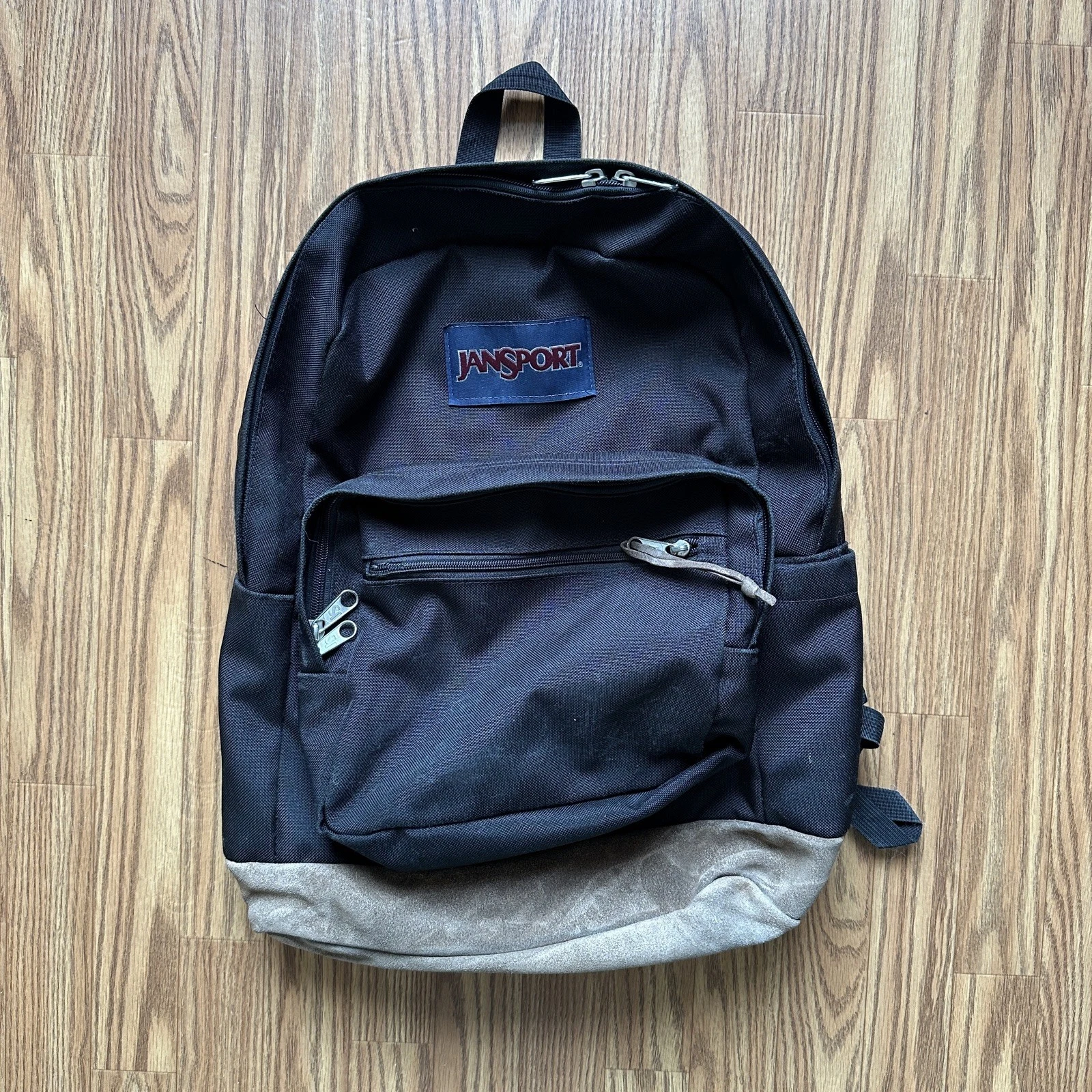 Jansport Black Backpack Suede Leather Bottom Classic School Bag