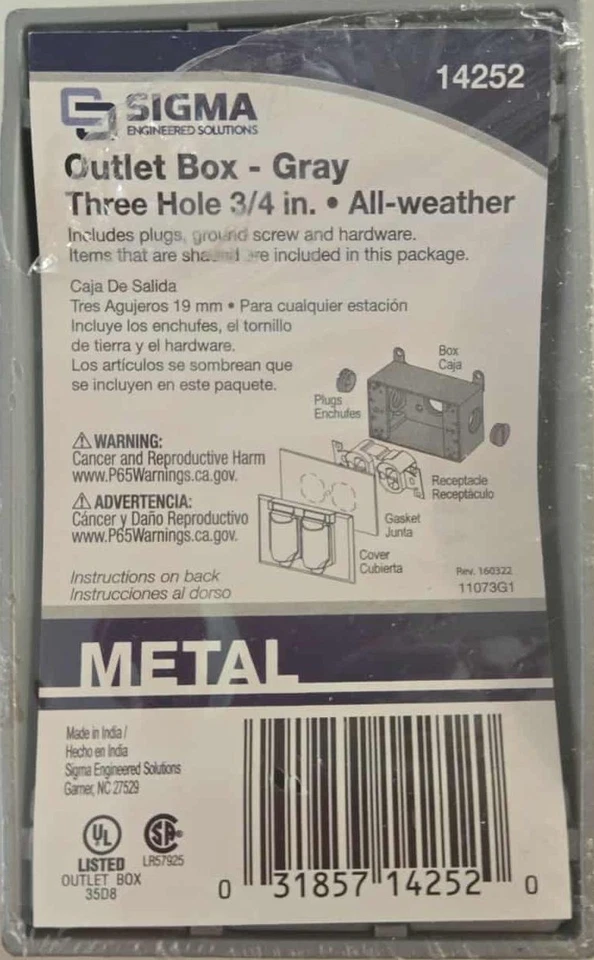 Sigma Electric, Gray 14252 3/4-Inch 3 Hole 1-Gang Box NEW - Image 2 of 2