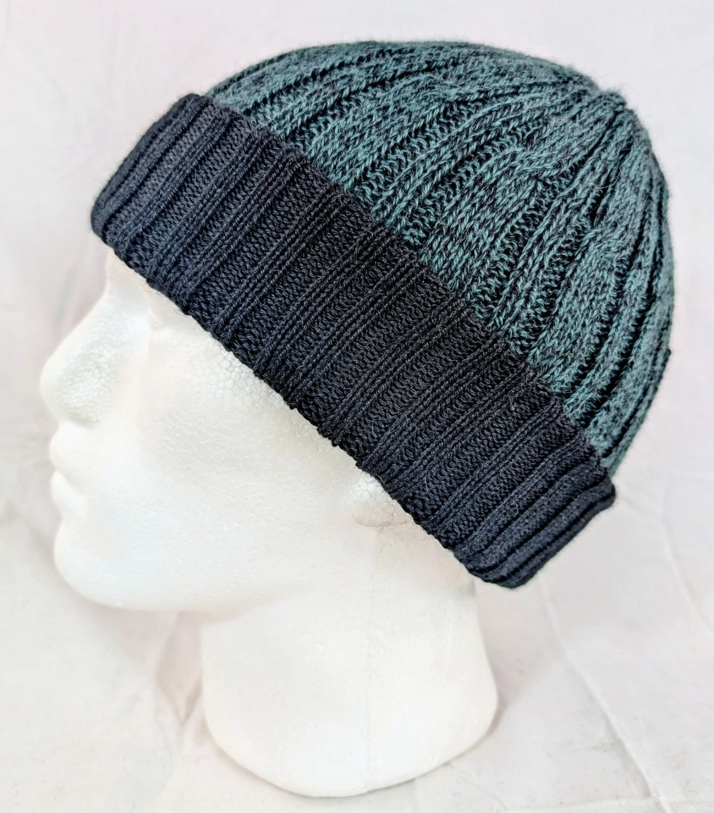 Extra Soft Baby Alpaca Reversible Cable Knit Beanie Green Black Handmade
