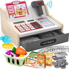Rechargeable Wooden Kids Cash Register with Scanner, Pretend Play Cash Regist...