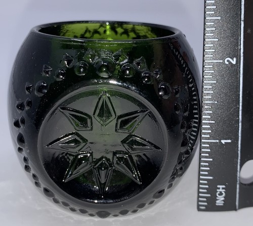 Heavy Green Glass Starburst Votive Tealight Candle Holder 2.35” H X 2.0” Round - Picture 4 of 5