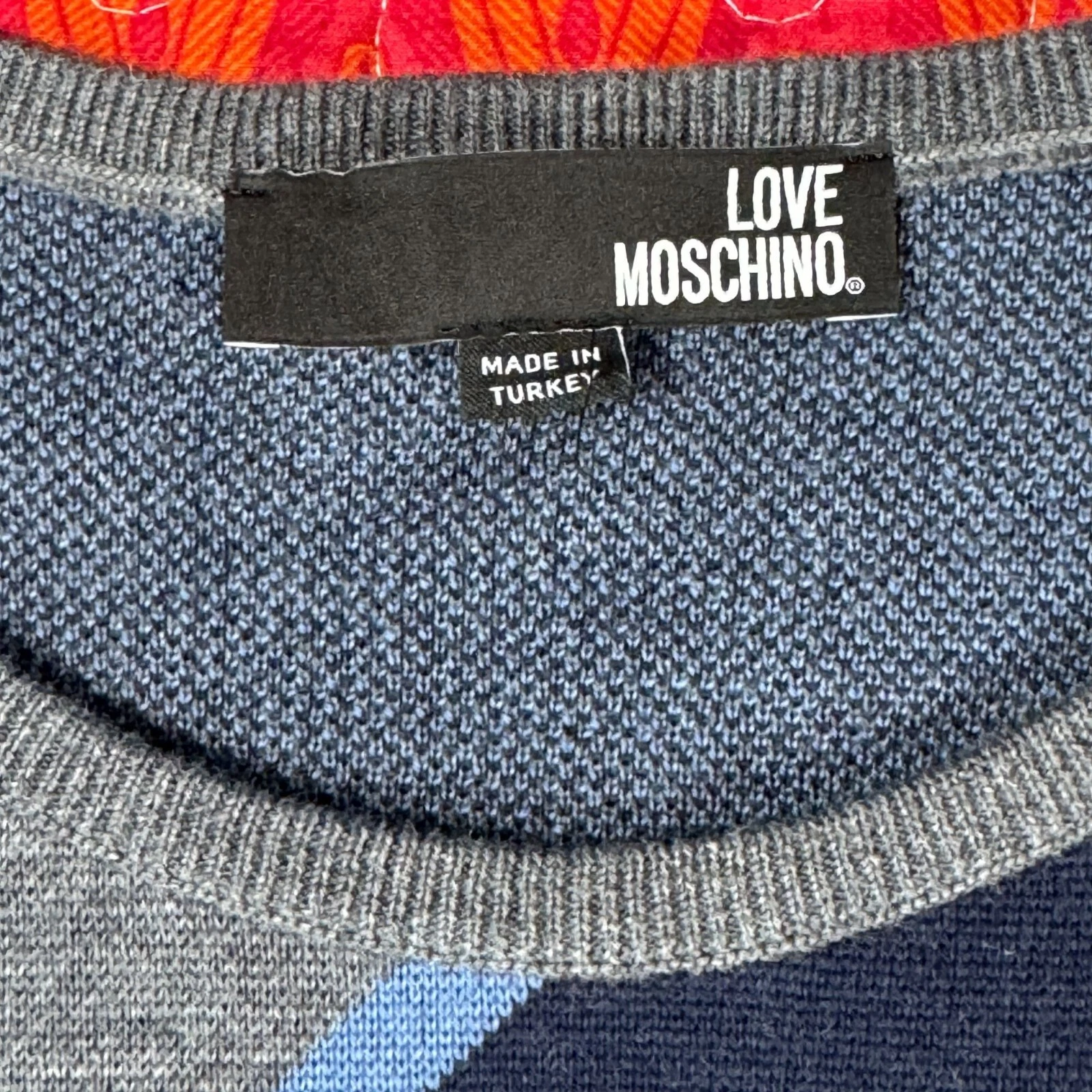 Abito Love Moschino grigio e blu a righe diagonali manica lunga in maglia taglia M