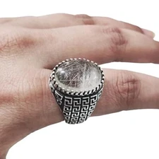 NATURAL GOLDEN RUTILE 925 STERLING SILVER OTTOMAN ARABIC DESIGNER HEAVY MEN RING