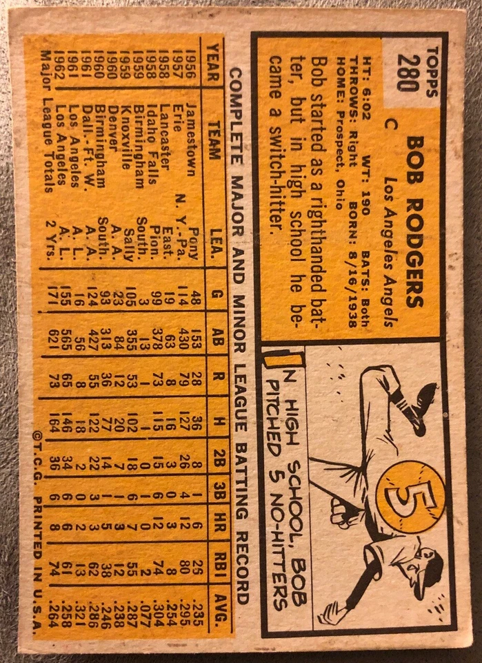 1963 Topps Bob Rodgers #280 Angels All Star Rookie (146 Hits 34 Doubles In 1962) - Image 2 of 2