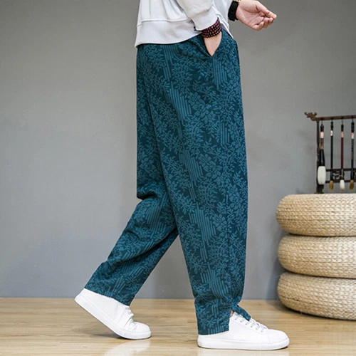 Men Linen Blend Floral Joggers Pants Ethnic Casual Elastic Waist Long Trousers - Picture 6 of 17