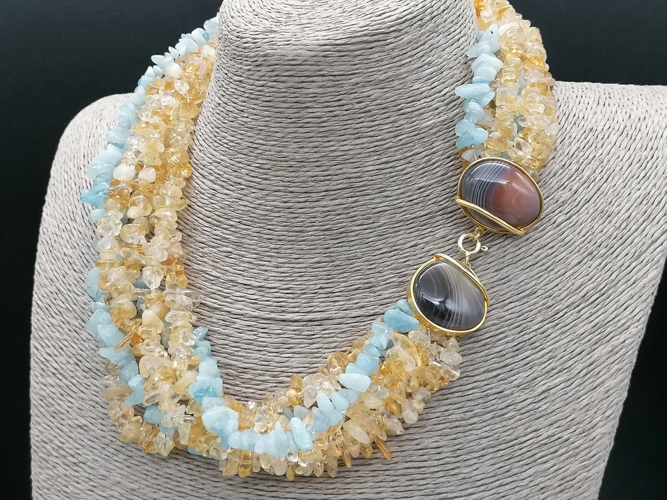 collana girocollo donna torchon acquamarina quarzo citrino argento 925 agata - Immagine 3 di 4