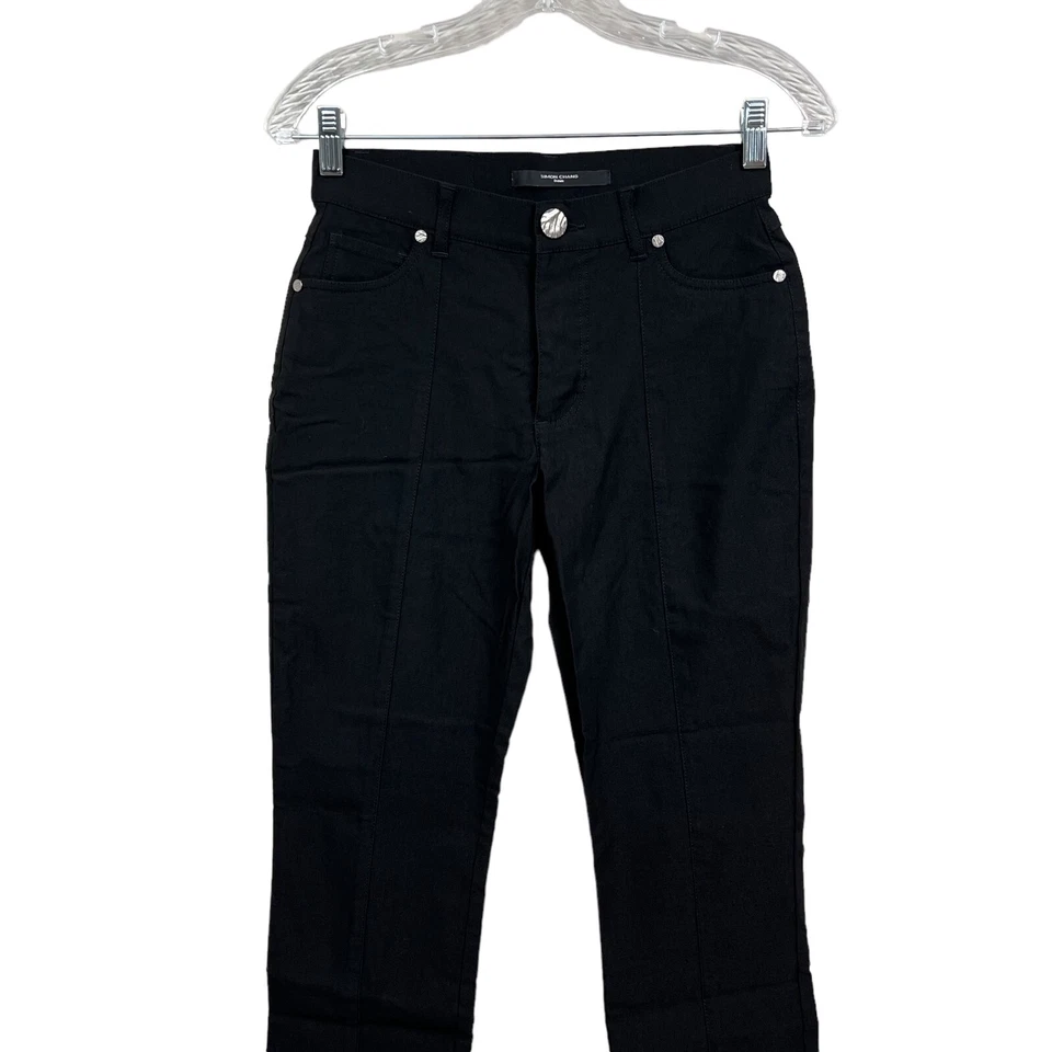 Pantalones de mezclilla Simon Chang elásticos pierna recta ajustados frente plano negros para mujer talla 2 Foto 2 de 4