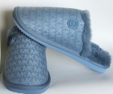 MICHAEL KORS Logo Jacquard Janis Blue Faux Fur Padded Slip-On Slippers Wm's 8
