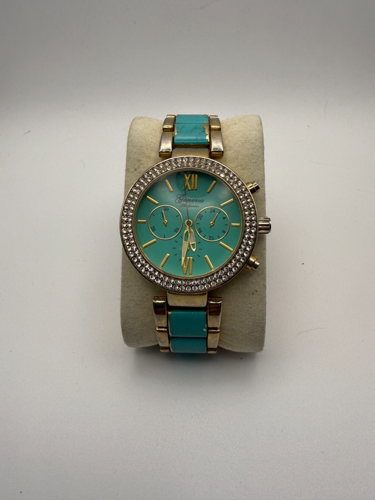 Geneva 39mm Gold Aqua Dial Rhinestone Bezel Watch with 7 Inch Women's Band