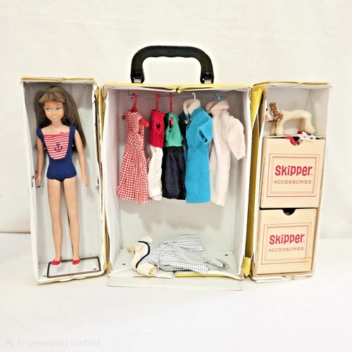 Mattel 1963 Skipper Doll with case, clothes, and accessories (condition issues)