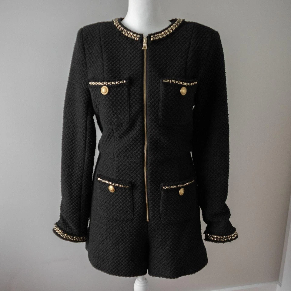 Mono de tweed negro clásico de lujo preppy "Shiloh" tweed con detalles dorados Foto 4 de 4