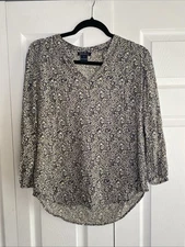 Lucky Brand Womens Small Navy Floral Boho V Neck Tunic Top Dark Cottagecore