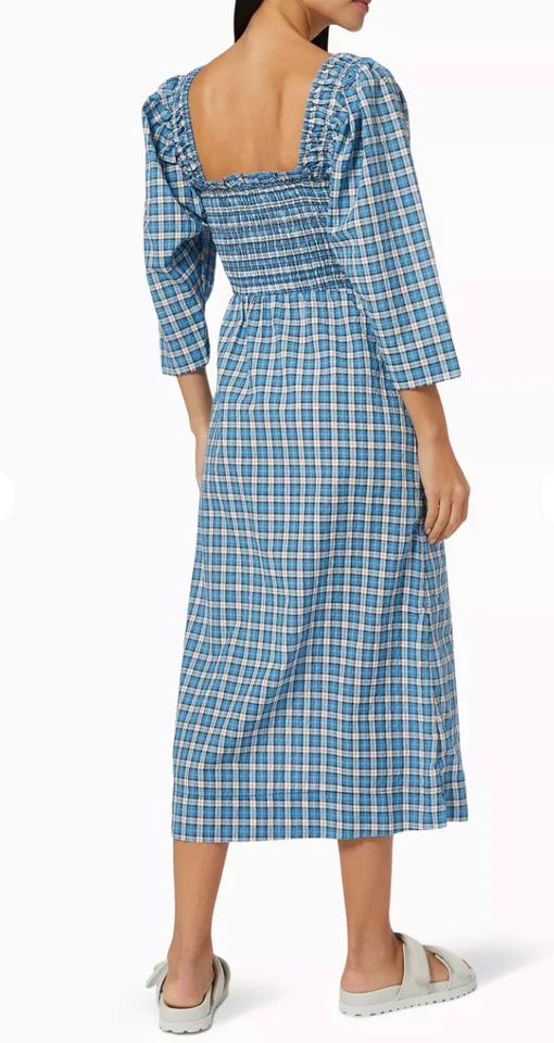 Vestido midi a cuadros GANNI Seersucker talla 34/XS azul algodón campo Foto 4 de 4