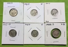 Lot of 6 Mercury Silver Dimes, 1941-1944, 90% Silver, FSB 1941-D?