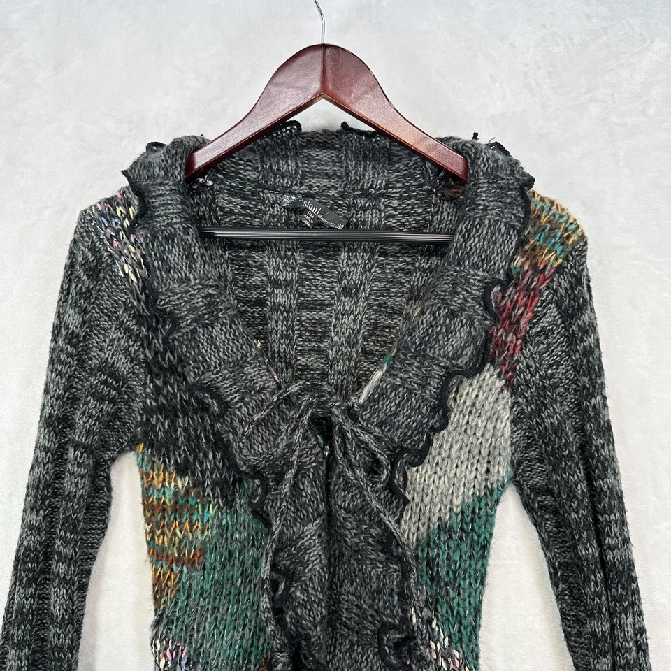Vintage Sioni Cardigan Womens Petite M Gray Multi Ruffle Knit Artsy Long 90s - Image 2 of 4