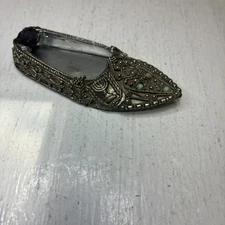 Silver Metal 3” Slipper Ashtray Embossed With Turquoise Stones-Israel RARE