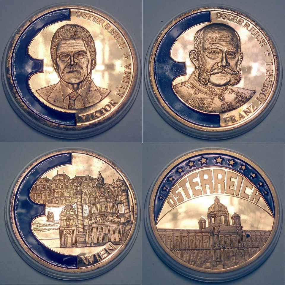 AUSTRIA 4 COLOURED EUROPE-ECU 1998-99 Proof Medals 40mm 33g Gold plated B8 - Image 3 of 4