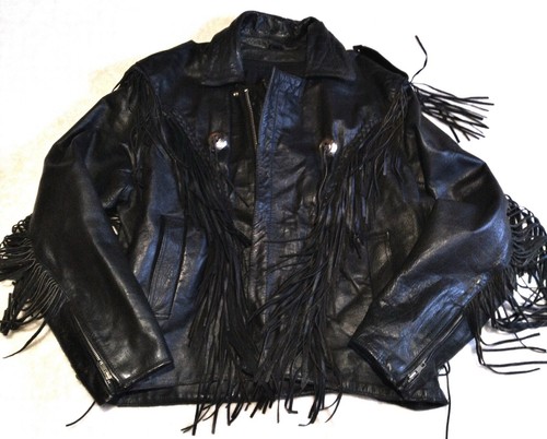 Barneys Leather Daytona Beach FLA Black W/ Long Fringe SZ 48 Heavy Leather - Picture 3 of 20