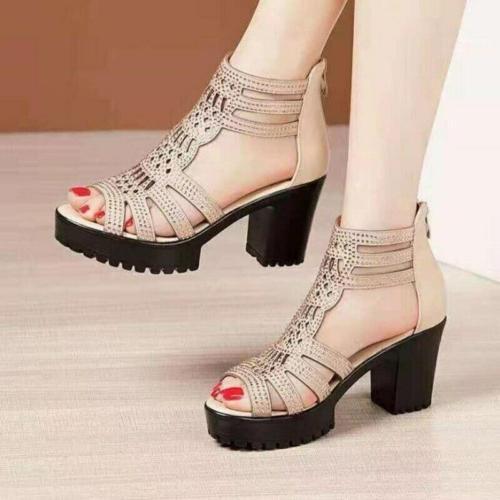 Sandalias de tacón alto con diamantes de imitación para mujer Zapatos Elegantes Plataforma Verano Espalda Cremallera OL