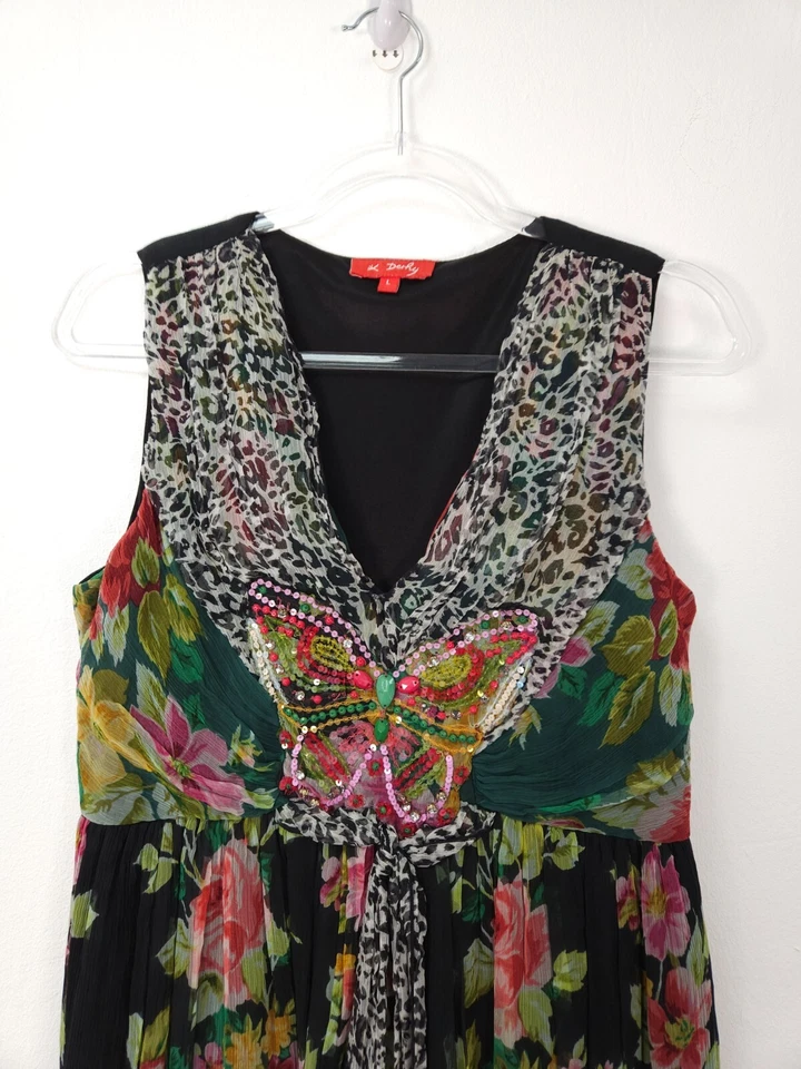 Rene Derhy Dress Large Floral Beaded Embellished Butterfly Summer Holiday - Image 3 of 4