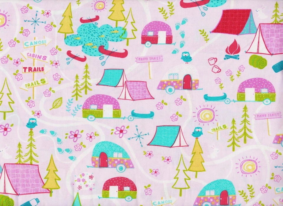 MAPA DE CAMPING POR YARDA con estampado rosa 100 % algodón edredón tela artesanal por yarda Foto 2 de 3