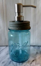 BALL SOAP PUMP Dispenser Stainless ~ Primitive 1920 Antique Blue Mason Jar