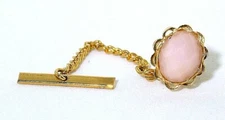 PINK OPAL 10x8 1/2 x 1/5 INCH CHECKERBOARD OVAL CAB GOLD COLOR BEZEL TIE TACK