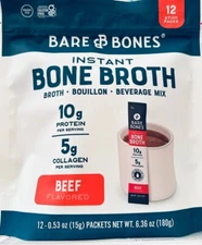 Bare Bones Instant Bone Broth Sticks Beef 12 Sticks10g Protein 5g Collagen  Each