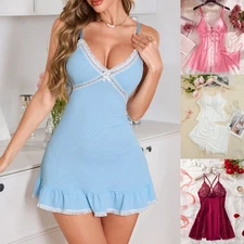Women's Sexy Nightgown Lace Sheer Sleepwear Babydloll V-neck Nightdress G-string