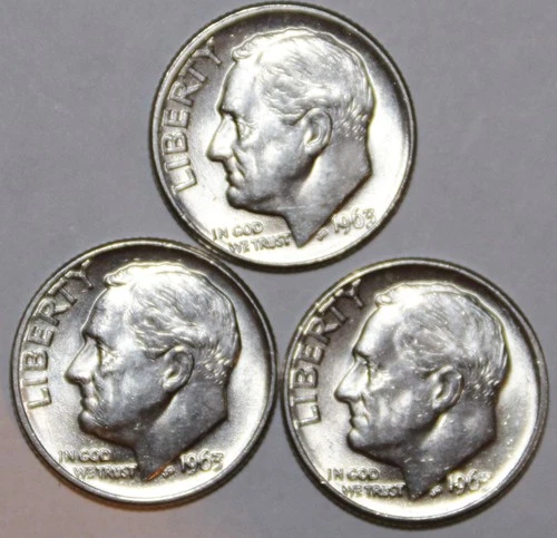 (3) 1963-D Roosevelt Dimes - About Uncirculated - #1290E - FREE SHIPPING