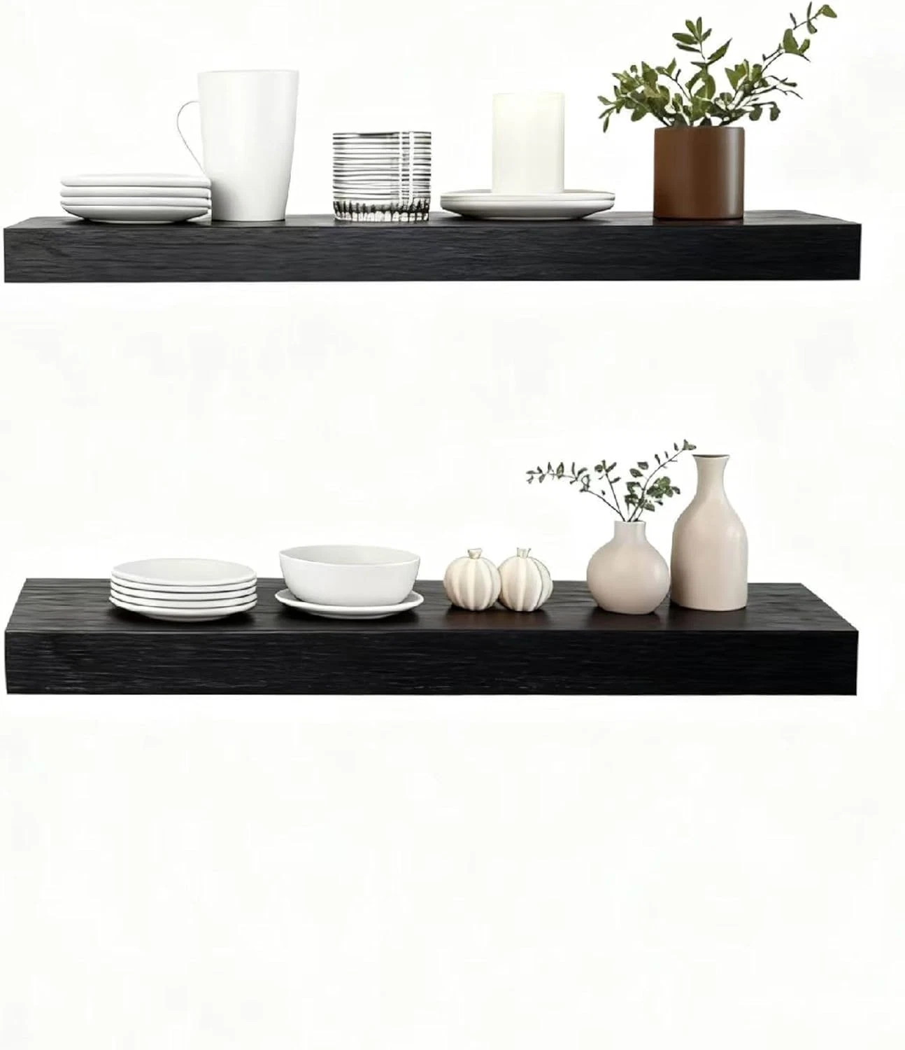 Elegant Black Solid Wood Floating Shelves - Set of 2, Easy to Install