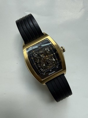Stührling Original Automatic Skeleton Tonneau Gold Case Black Rubber Strap 50m