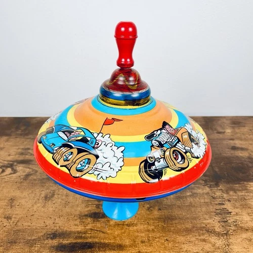 VTG Tin Litho Ohio Art Toy Stationery 8.5 Inch Racing Cars Spinning Top