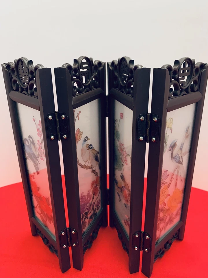 Vintage Chinese Tabletop 4 Panel Folding Screen Double-Sided Painted Porcelain - Image 3 of 4