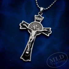 Saint Benedict Cross Crucifix Necklace, 3" Pendant, Silver Jesus, 28" Chain