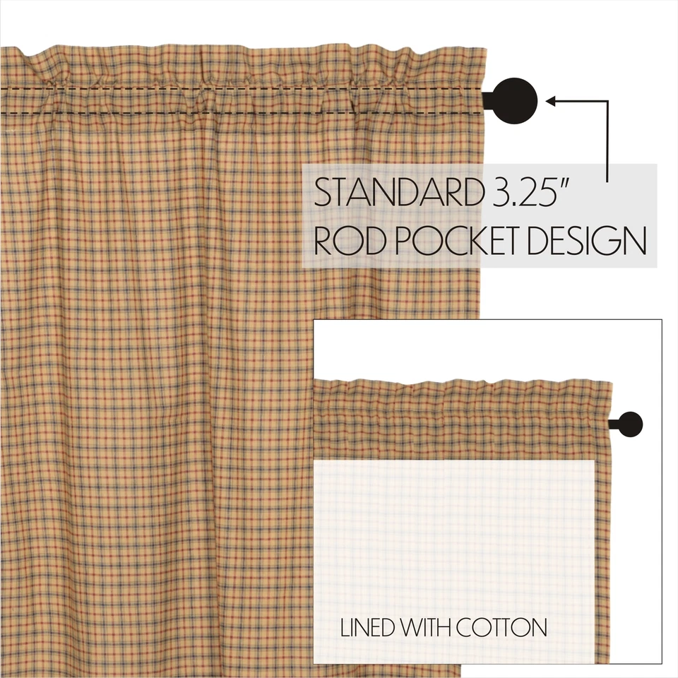 63"L Lodge-Style Lined Curtains Red Navy Tan Plaid Cotton w/ Tie Backs Millsboro - Image 3 of 4