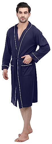 Mens Knit Robe Lightweight Summer Cotton Blend Bathrobe, Navy, Large - Picture 3 of 7