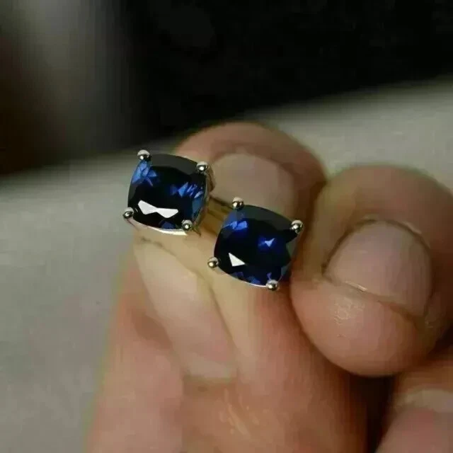 2CT Cushion Cut Blue Sapphire Lab Created Stud Earring's 14K White Gold Plated - Image 3 of 4