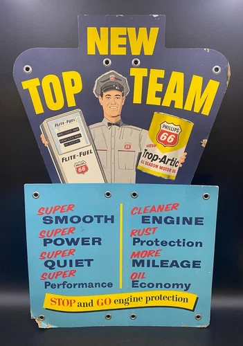 Vintage Phillips 66 New Top Team  Fuel and Oil Cardboard Advertising Sign