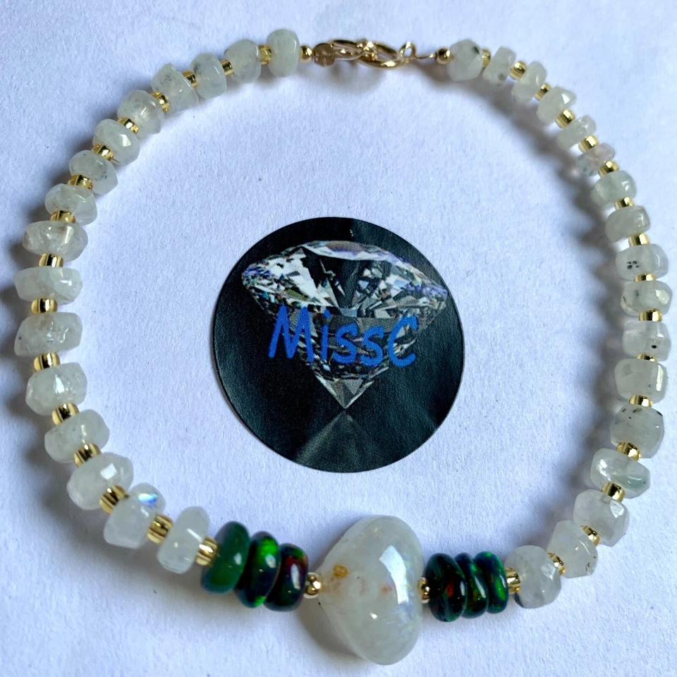 9CT GOLD RAINBOW MOONSTONE HEART AND DARK FIRE OPAL  BRACELET  HANDMADE IN UK - Image 2 of 4