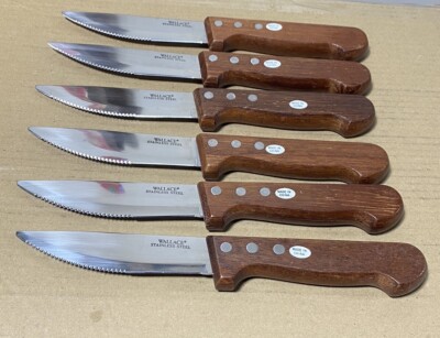 Wallace 10'' Stainless Steel Knives Wooden Handle Set Of 6  Preowned Never Used
