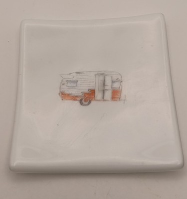 Handcrafted Fused Glass Trinket Dish - Vintage Orange Canned Ham Travel Trailer
