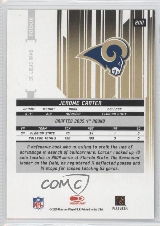 2005 Leaf Rookies & Stars Longevity Rookie Emerald /99 Jerome Carter #200 RC - Image 2 of 2