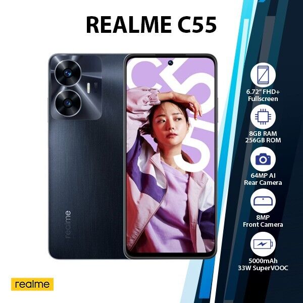 Unlocked)Realme C55 8GB+256GB Dual SIM Global Ver. Android Mobile Phone -  BLACK