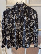 LANDS' END PETITE Blouse 16P Crisp NO IRON Black Floral Patern (Free Shipping)