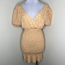 Lumiere Dress Small Daisy Floral Smocked Mini Ruffle Vneck Girly Cottage Yellow