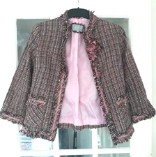 PER UNA Jacket Womens Size UK 8 Pink Boucle Wool Blend Pockets Pin Brooch