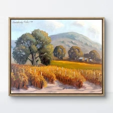 Original Oil Painting 16x20 Canvas Vineyard Autumn Landscape Old Tree Signed