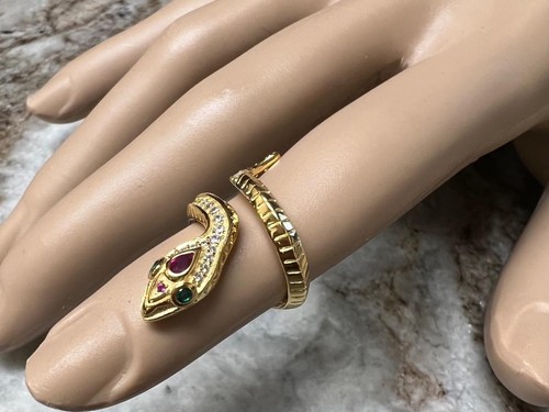 Genuine Ruby Diamond Emerald Coiled Snake Ring 14K Yellow Gold on solid 925 coil - Picture 8 of 16